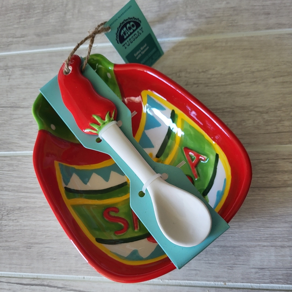 Salsa‎ Bowl with Spoon Ceramic Fiesta Taco Tuesday Hostess Gift Cinco de Mayo